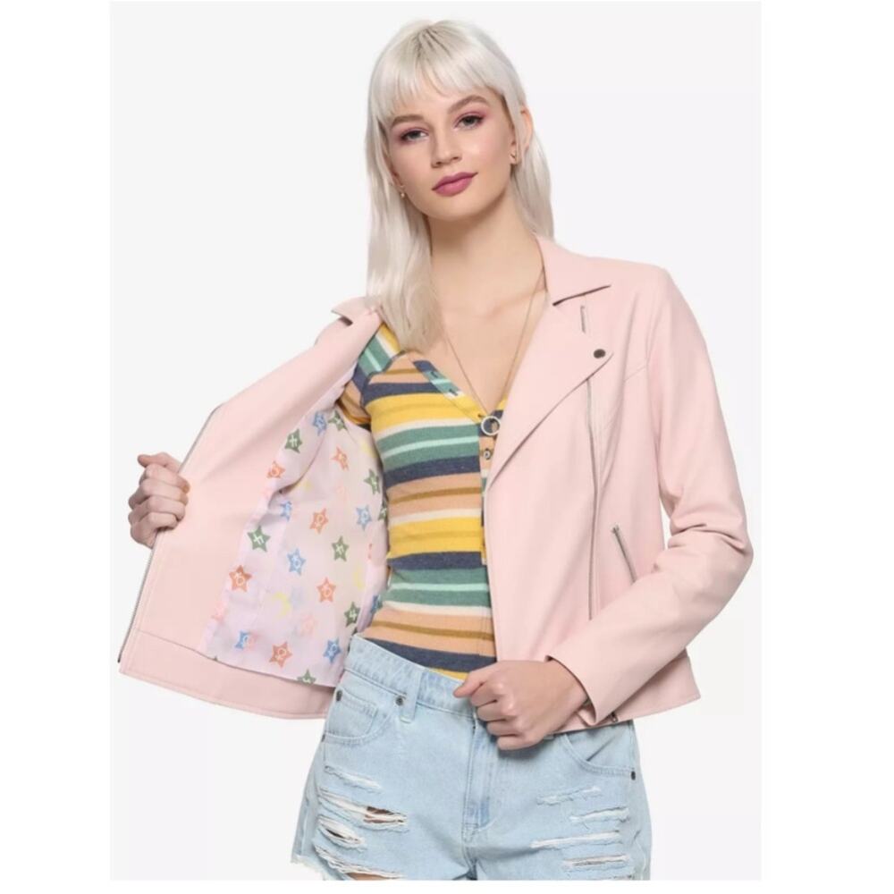 HOT TOPIC Sailor Moon In The Name Of The Moon Pink Faux Leather Moto Jacket Jr M - Picture 4 of 13